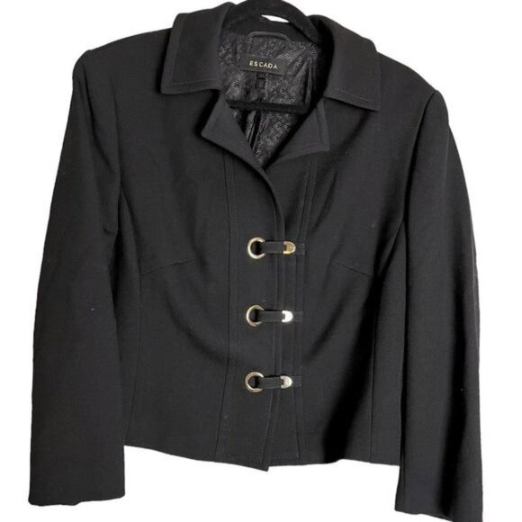 ESCADA Black New Wool Jacket Blazer Gold Snap Closures Size 44 - Picture 1 of 15